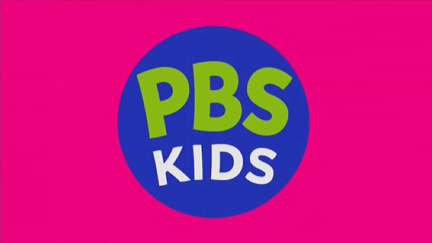 A bright pink background surrounds a blue circle. Inside, the words "PBS KIDS" are written in green and white.
