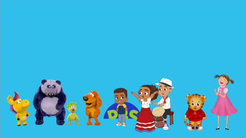 A collection of animated characters stands in a row against a bright blue background, likely on 10 Bold in Australia. Some are dancing, others are smiling, and a few are just standing there.
