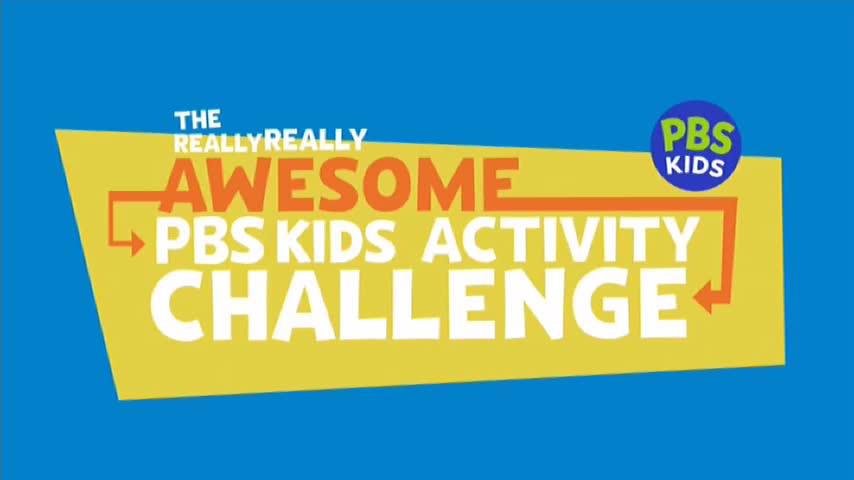 The words "The Really Really Awesome PBS Kids Activity Challenge" are stacked in a bright yellow shape against a blue background. A PBS Kids logo sits in a circle at the top right.
