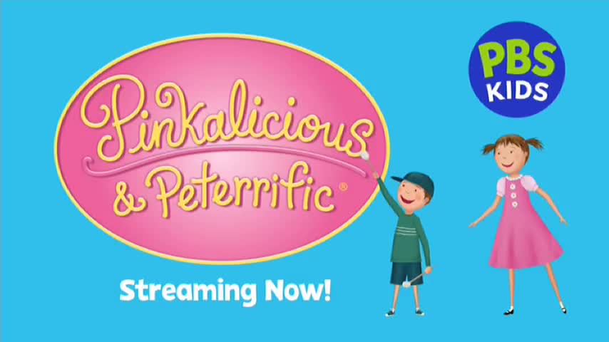 A cartoon boy in a green shirt and blue shorts points towards the logo for "Pinkalicious & Peterrific." A girl in a pink dress stands nearby, and the PBS Kids logo is visible on the right.
