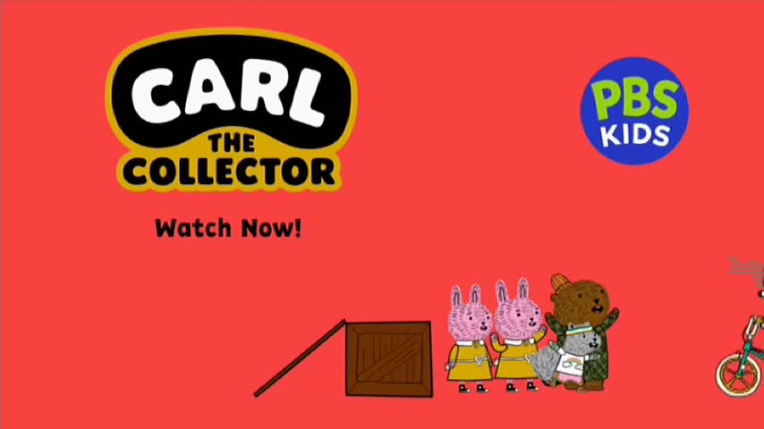 "Carl the Collector" is splashed across the screen, inviting viewers to watch on 10 Bold. Three rabbits and a beaver stand beside a wooden crate, while a bicycle sits off to the right.
