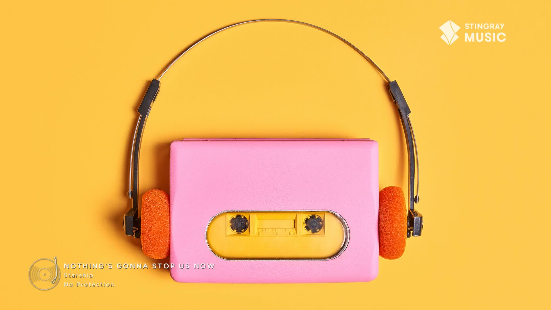 A bright pink cassette player sits centered, its yellow tape window a focal point. Over it, a set of headphones with orange ear pads arches, ready to blast some Stingray Everything '80s from Canada.
