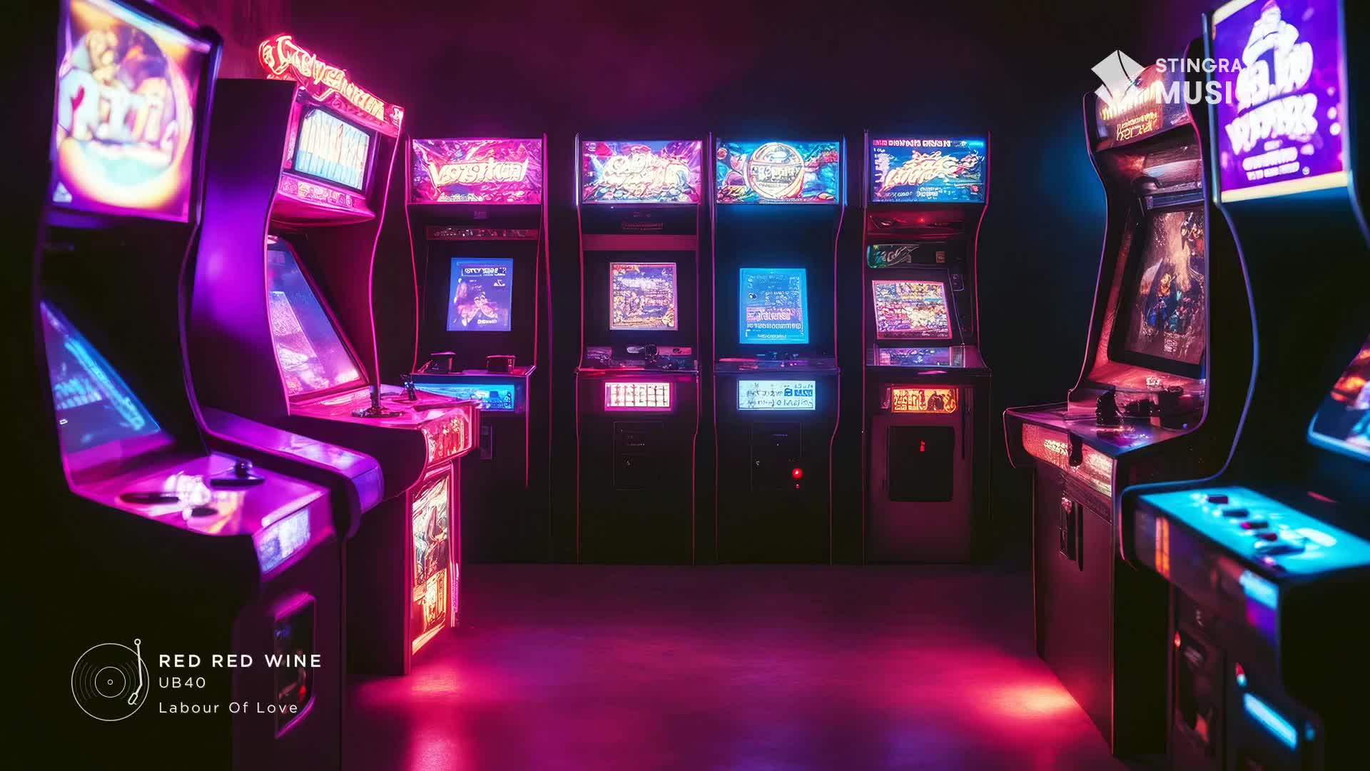 The arcade is bathed in neon, the glowing screens of the machines reflecting on the floor. The Stingray Music logo sits in the corner, and the music is pumping.

