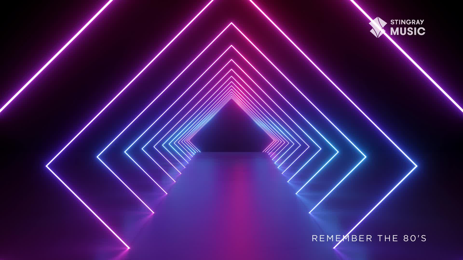 Bright neon lines, arranged in a series of diamond shapes, create a tunnel effect. The Stingray Music logo, a reminder of Canada's Everything '80s, sits in the top right corner.
