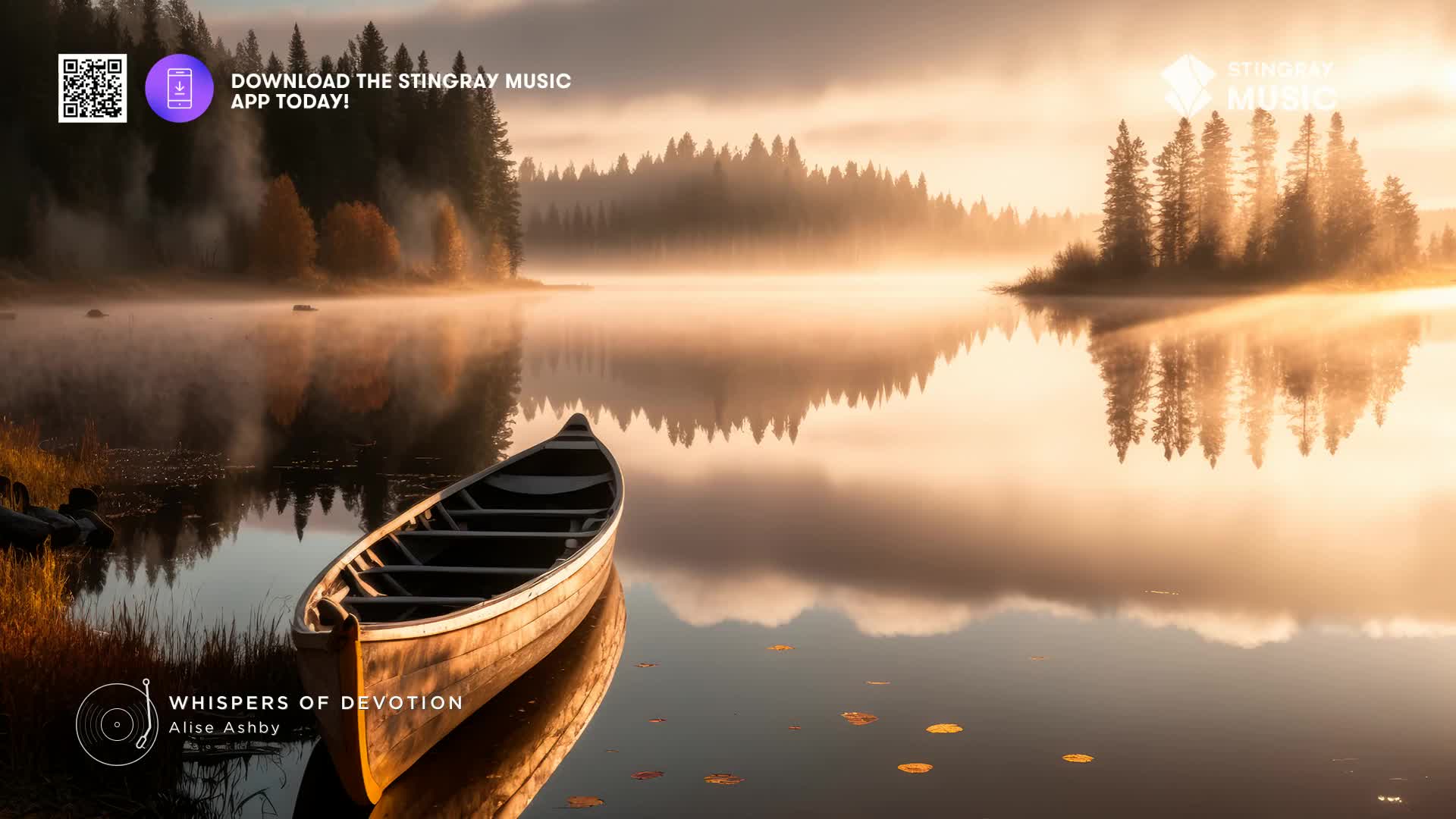 A lone canoe rests on a still, misty lake in the Canadian wilderness. The morning sun casts a warm glow over the water, reflecting the surrounding pine trees.