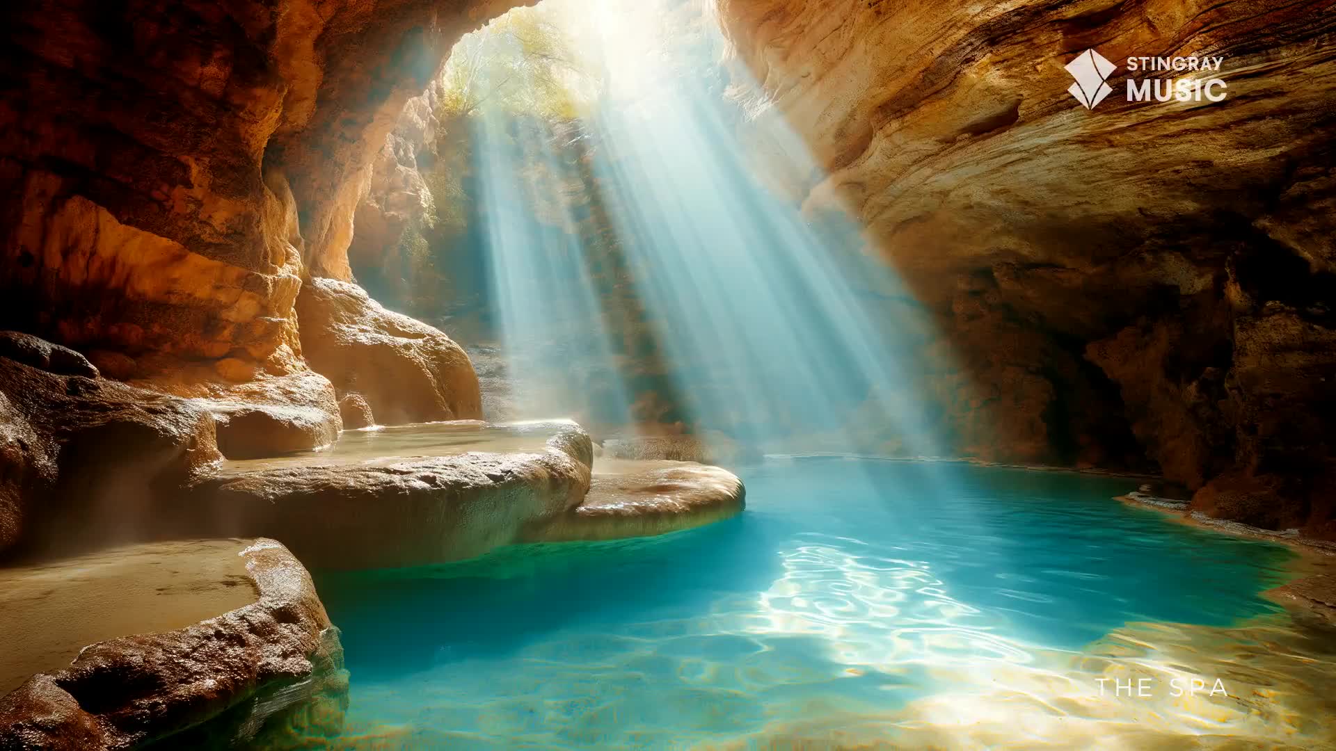 Sunlight streams through a cave opening, illuminating the turquoise water of a natural spa. The light catches the mist rising from the water, creating a serene atmosphere.