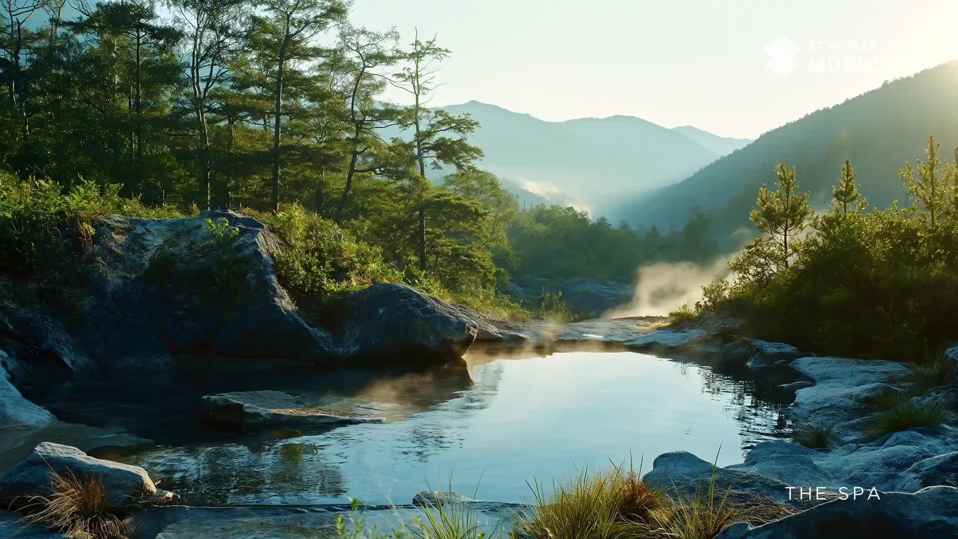 Steam rises from the mineral-rich waters of this outdoor spa, nestled amongst the trees and rocky outcrops. The morning sun casts a warm glow over the tranquil Canadian landscape.