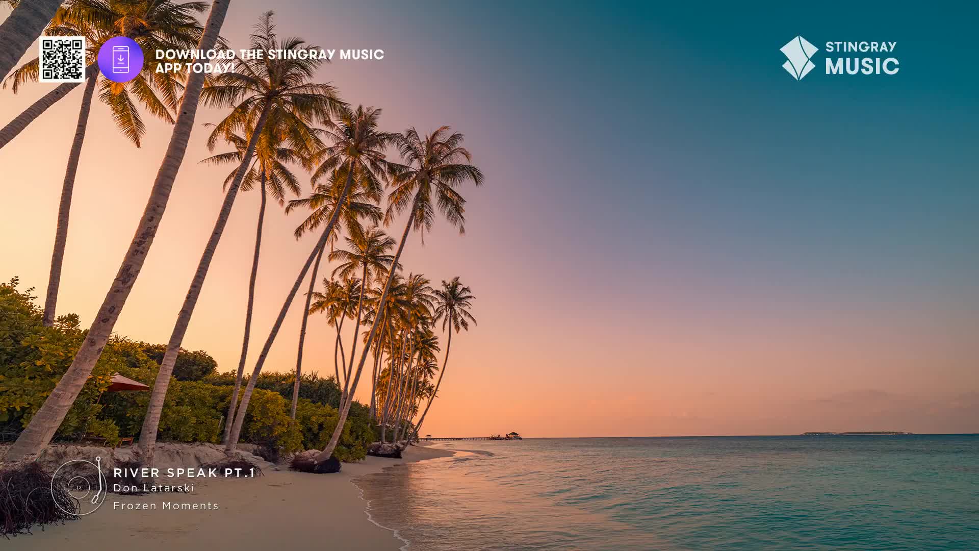 The gentle waves lap at the shore, reflecting the warm hues of the sunset. Tall palm trees sway slightly against a gradient sky, hinting at a tranquil evening.