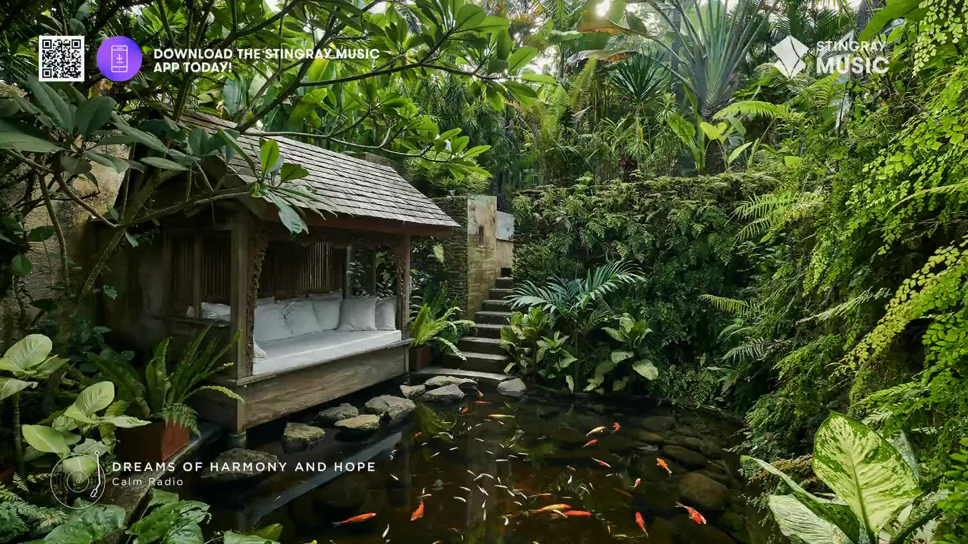 Orange koi swim in the dark water of a pond beside a wooden pavilion. Lush green foliage surrounds the tranquil scene, hinting at a spa retreat in Canada.