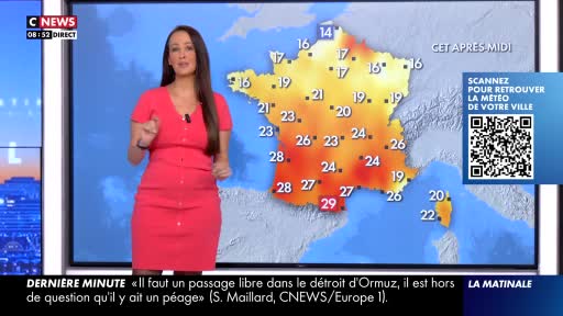 A woman in a bright pink dress gestures towards a large screen displaying a weather map of France. The map shows temperature readings across the country, with a QR code on the right side for checking local forecasts.