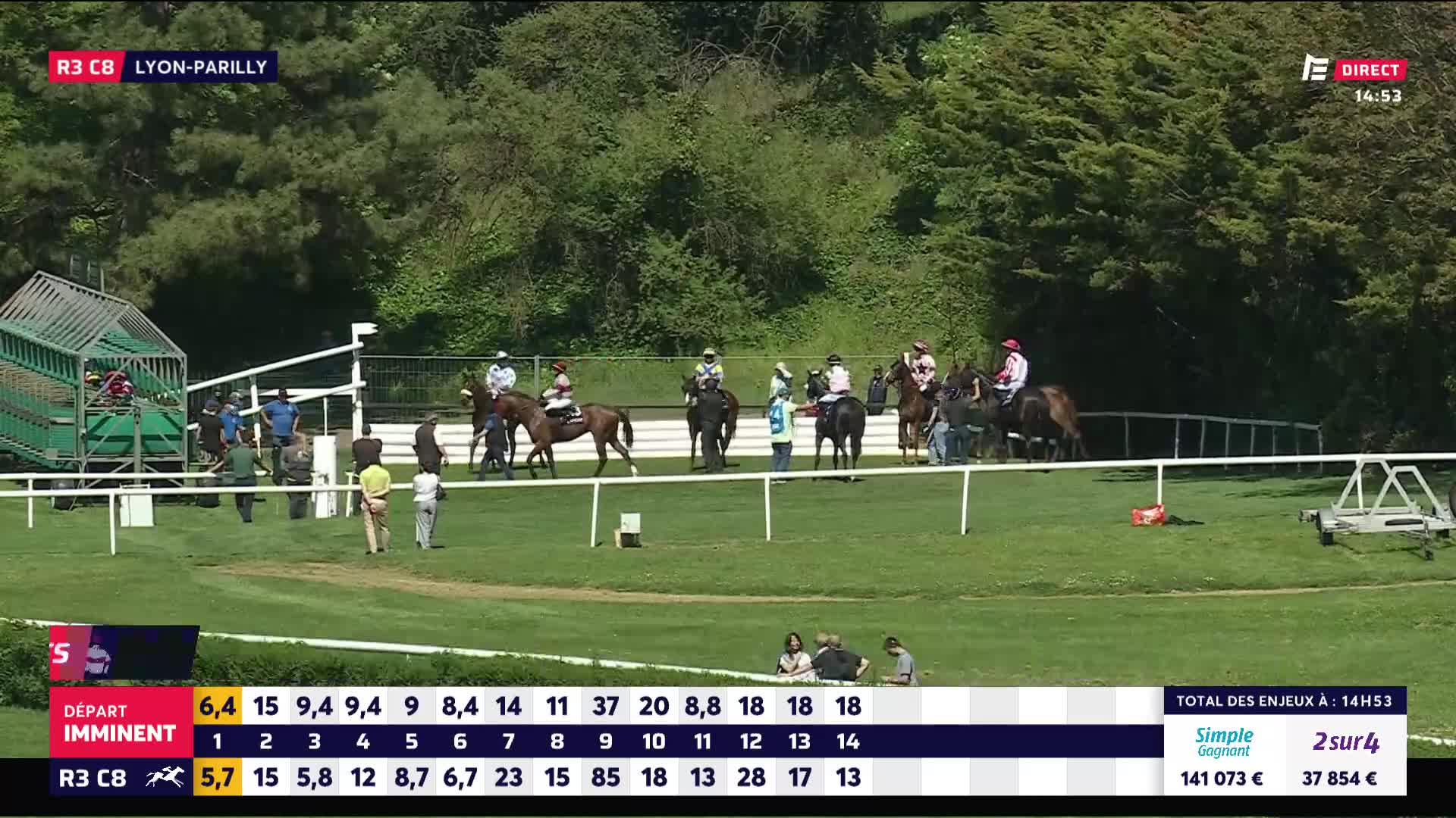 The horses are being led to the starting gate at Lyon-Parilly. Jockeys in colorful silks are settling into their saddles, ready for the race to begin.