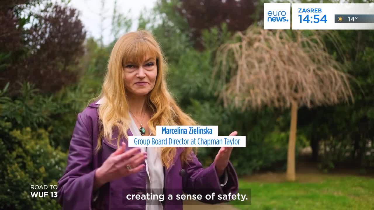 A woman with blonde hair, wearing a purple jacket, speaks with her hands gesturing. The Euronews logo and a weather report from Zagreb are visible in the upper right corner.
