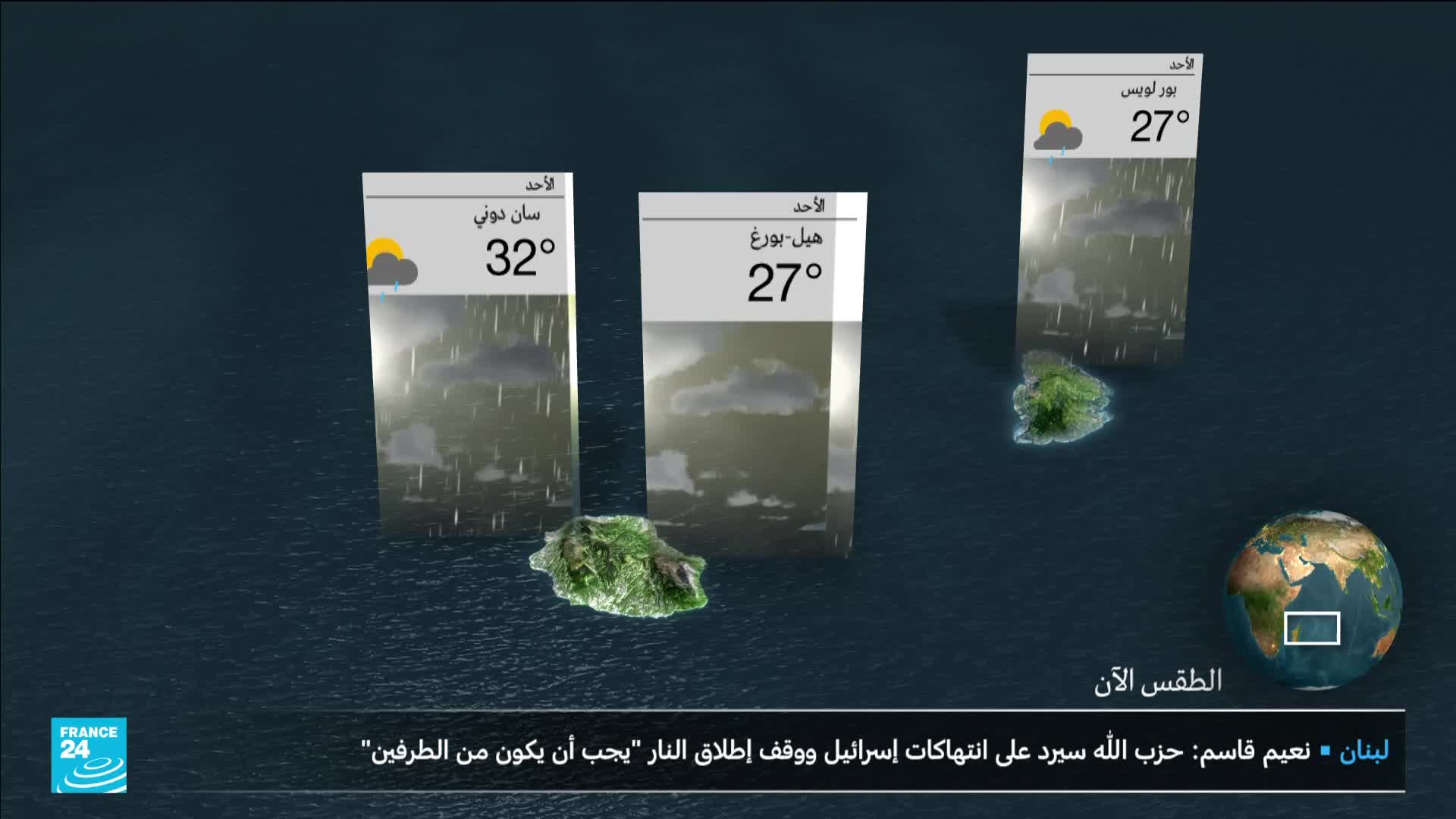 Three weather forecasts hover above small, green islands in a dark sea. Rain falls from cloudy skies on the leftmost forecast, showing 32 degrees.
