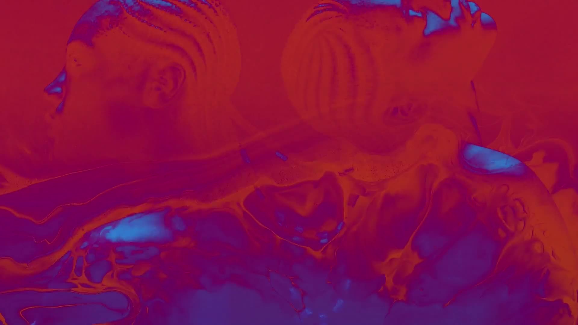 Two figures, their profiles sharp against a deep red backdrop, lean into each other. A vibrant, almost electric blue spills across their shoulders and down their backs, creating a fluid, abstract pattern.