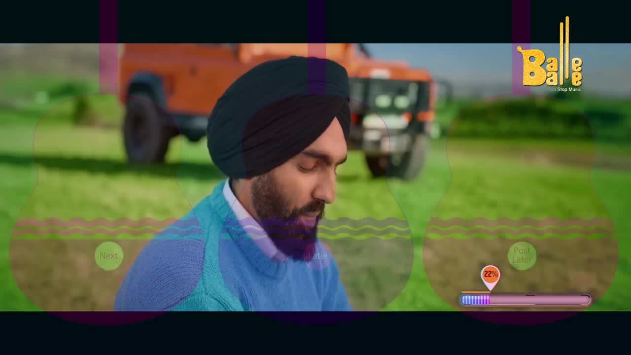 A man in a blue sweater and black turban looks down, his beard prominent. Behind him, an orange tractor sits idle in a grassy field under a bright sky.