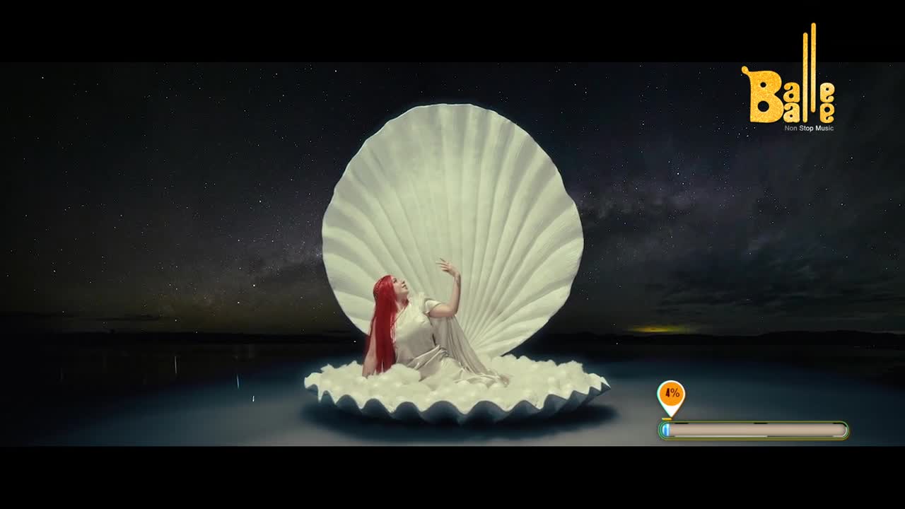 A woman with bright red hair reclines within a giant seashell, her white dress flowing around her. The night sky, dotted with stars, stretches out behind her, reflecting on the dark water.