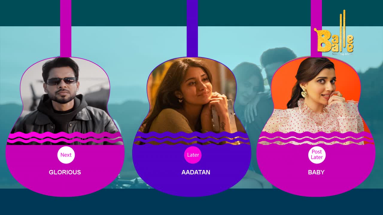 Three guitar shapes hang in a row, each framing a portrait of a person. The left guitar shows a man in sunglasses, the middle a woman looking up, and the right a woman with a playful expression.