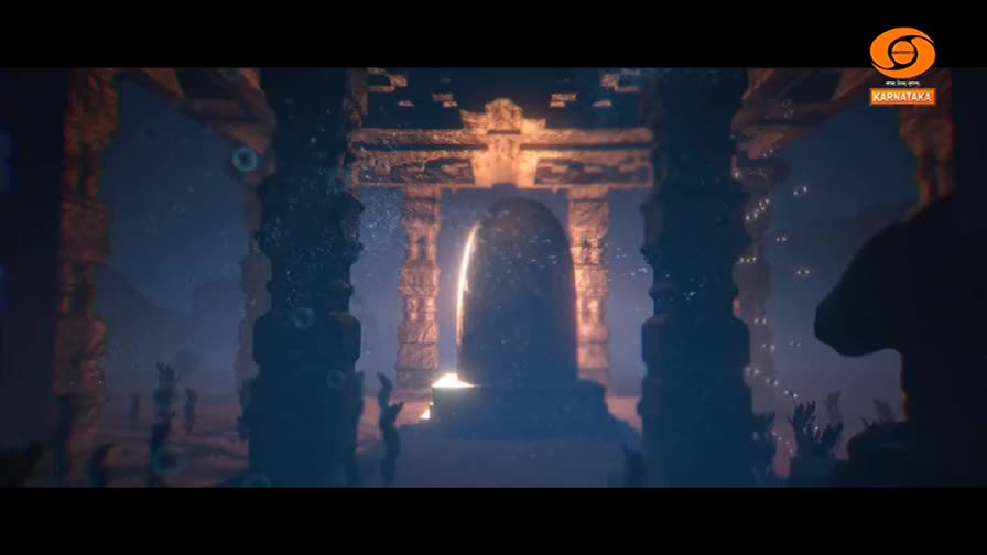 A large, carved stone structure stands in the center of an underwater temple, illuminated by an ethereal glow. The DD Chandana logo appears in the corner, hinting at a broadcast from Karnataka.