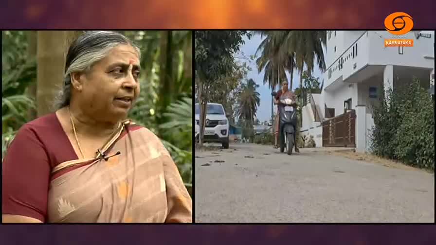 A woman rides a scooter down a quiet street in India. Another woman, likely being interviewed for DD Chandana, speaks from a studio setting.