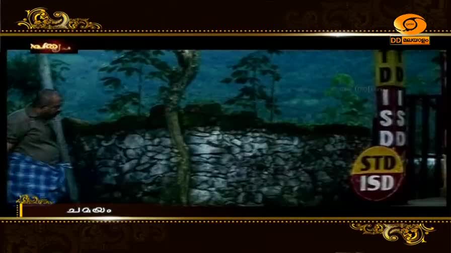 A man in a lungi stands by a stone wall, looking towards the trees. A sign with "STD ISD" is visible to the right, with "DD Malayalam" branding. A man in a lungi stands by a stone wall, looking towards the trees. A sign with "STD ISD" is visible to the right, with "DD Malayalam" branding.