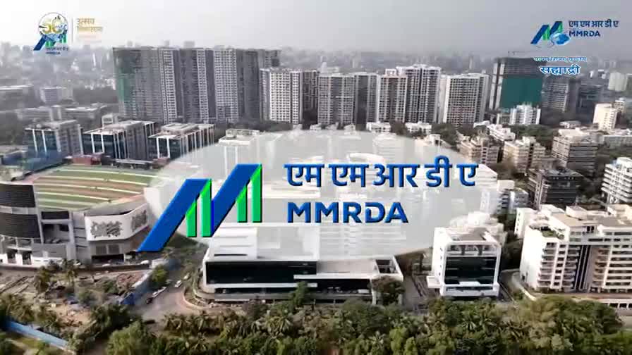 A large, stylized "M" in blue and green stands before a modern cityscape. The text "MMRDA" appears in English and Marathi, with the DD Sahyadri logo visible in the upper right corner.