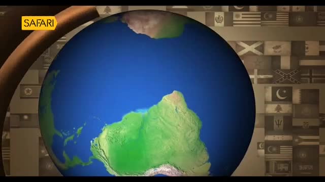 A large blue globe, showing continents in green and brown, spins slowly. Behind it, a collage of flags from various nations fills the background.