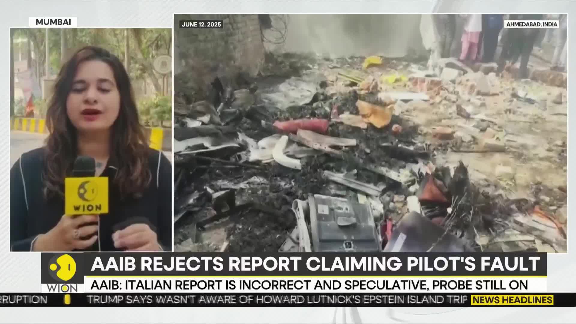 A reporter stands in Mumbai, holding a WION microphone. Behind her, a scene of destruction unfolds in Ahmedabad, India, with debris scattered across the ground.