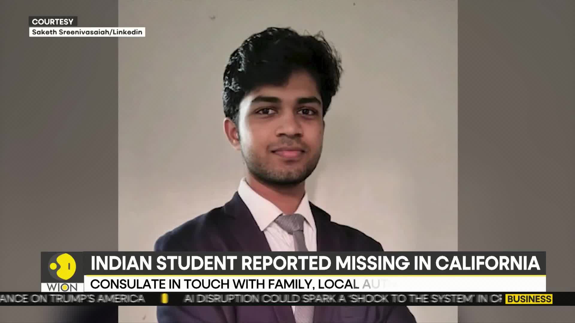 A young Indian man's photo appears on screen with a WION news banner stating he's reported missing in California. The text below mentions the consulate is in touch with his family and local authorities.