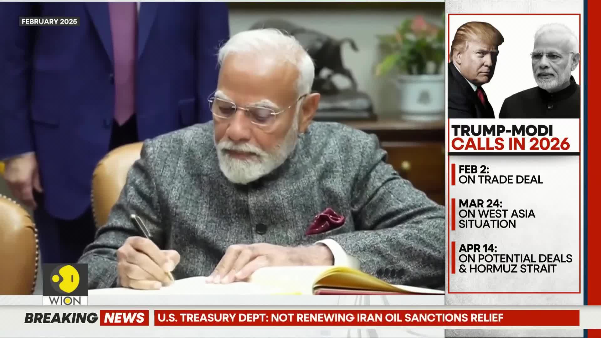 The Prime Minister of India, Narendra Modi, is focused on signing a document. A WION news graphic on the right displays "TRUMP-MODI CALLS IN 2026."