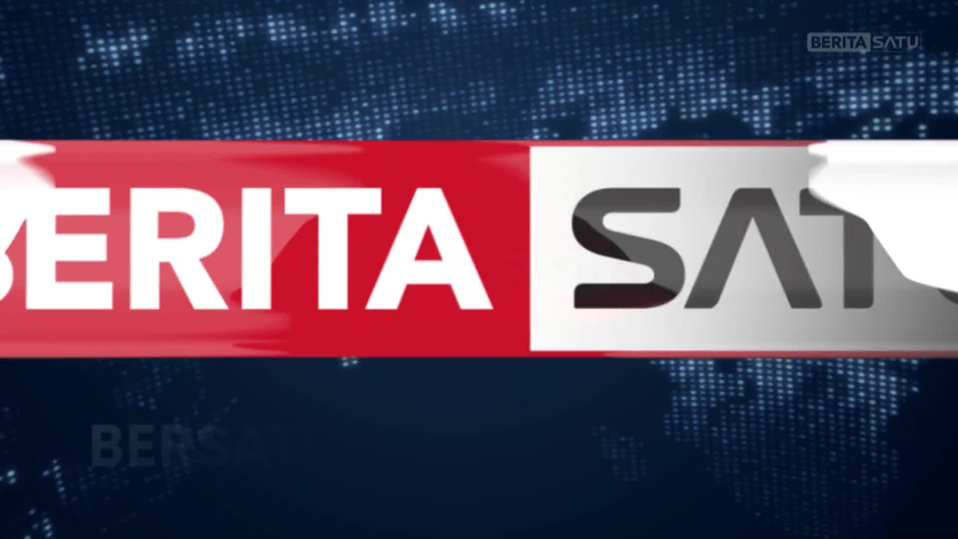 The logo for BeritaSatu English dominates the screen, with "BERITA" in white letters on a red bar. The "SATU" is in a grey font against a white background, all set against a dark blue backdrop.
