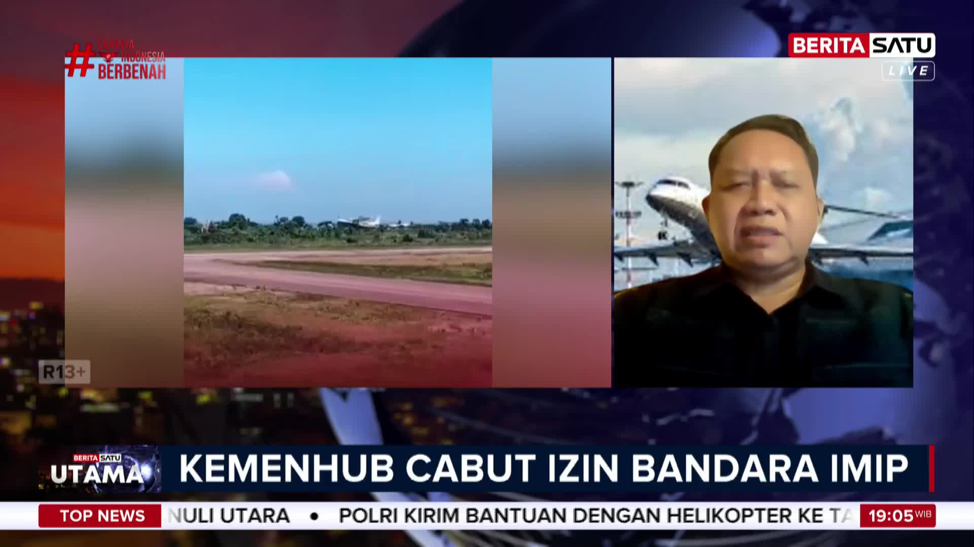 On the screen, a man in a black shirt is speaking, while a video shows an airplane on a runway. The BeritaSatu English broadcast is reporting on the Indonesian Ministry of Transportation.
