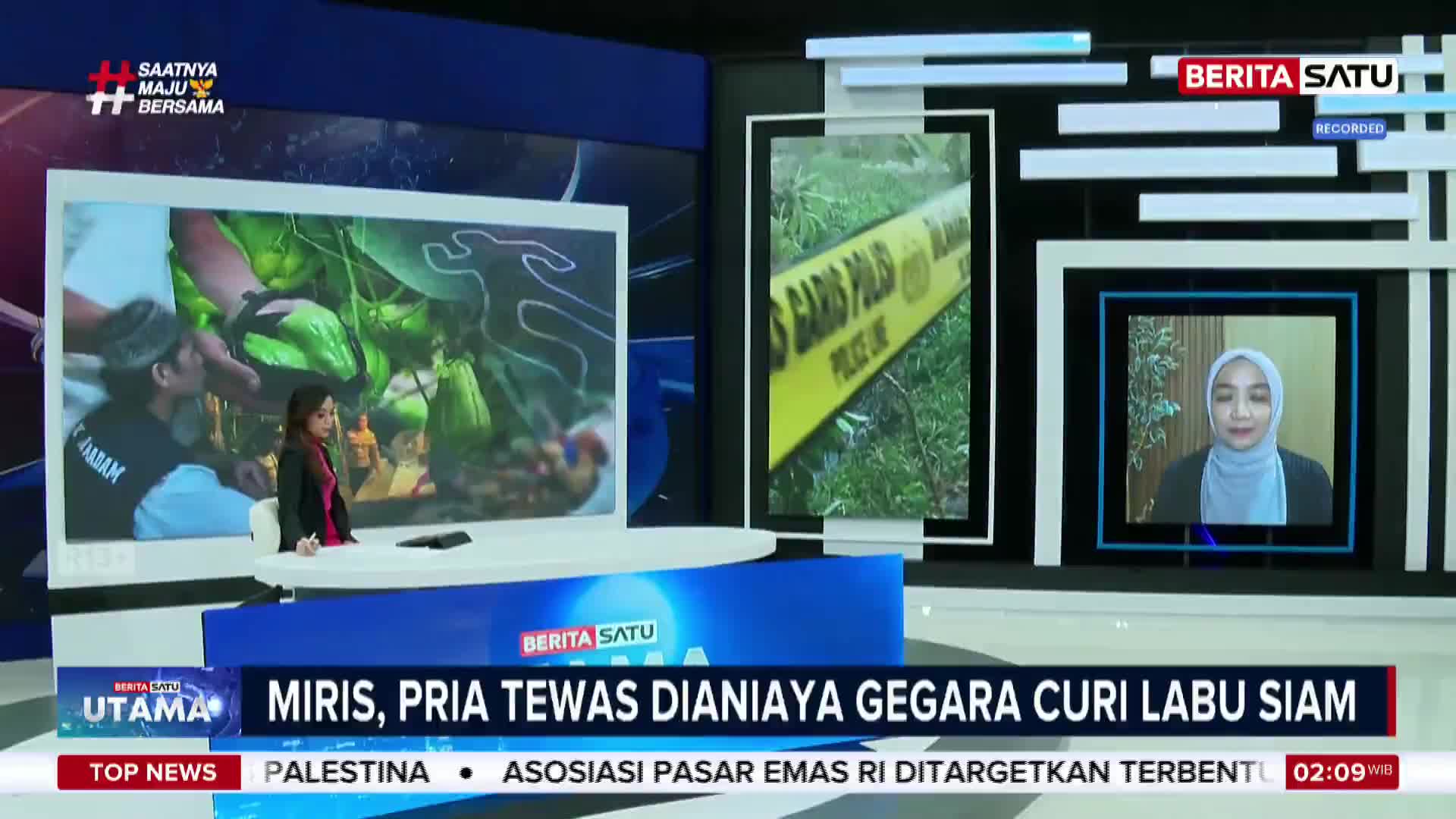 A news anchor stands beside a large screen displaying chalk outlines of bodies and a man in a vest. Another screen shows a reporter in a hijab, while a third features yellow police tape.