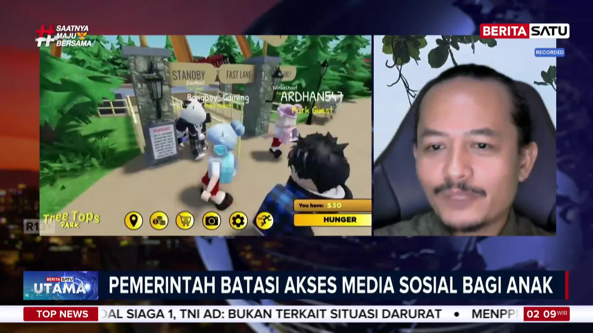 A group of stylized characters are gathered near a sign that reads "STANDBY" and "FAST LANE" in a digital park. On the right, a man with a mustache looks directly ahead, his face framed by a dark background.