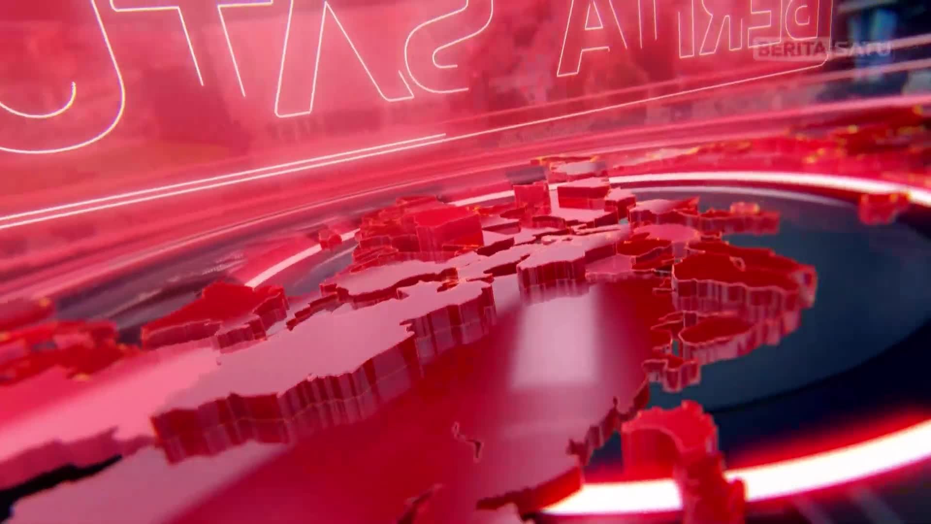 A stylized map of Indonesia, rendered in glowing red, rotates slowly. Neon lines streak past, framing the island nation as the BeritaSatu logo appears in the background.