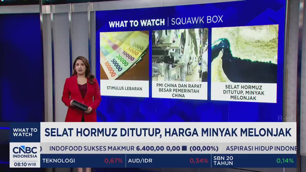 A woman in a red blazer stands before a screen displaying Indonesian Rupiah banknotes and images related to China's manufacturing and the Strait of Hormuz. The headline below reads "Strait of Hormuz Closed, Oil Prices Soar."