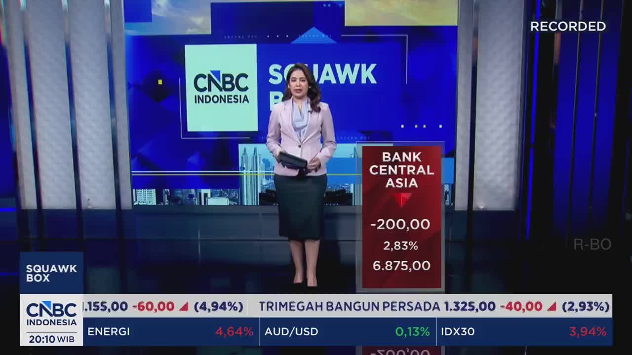 A woman in a light pink blazer stands center, holding a tablet. A red display board beside her shows "BANK CENTRAL ASIA" with financial figures.