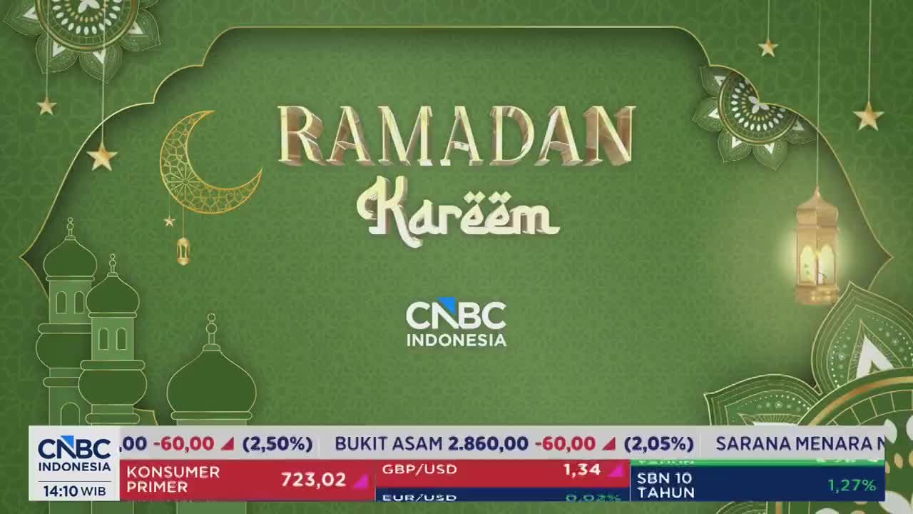 A golden crescent moon hangs above stylized green mosque domes. CNBC Indonesia's logo appears centered, with a ticker scrolling below displaying stock information.