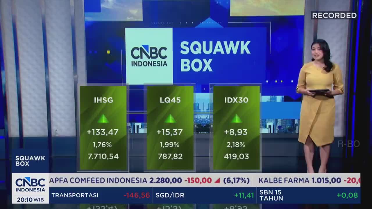 A woman in a yellow dress stands on a studio set, holding a tablet. Behind her, large screens display stock market data from CNBC Indonesia, with green upward arrows indicating gains for IHSG, LQ45, and IDX30.