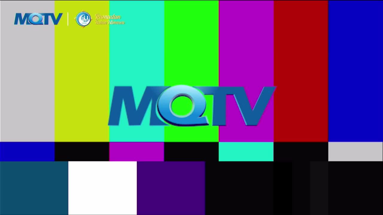 The MQTV logo stands out against a backdrop of vertical color bars, a familiar sight before a broadcast in Indonesia. A small emblem and text, likely related to Ramadan, are also visible in the upper left corner.