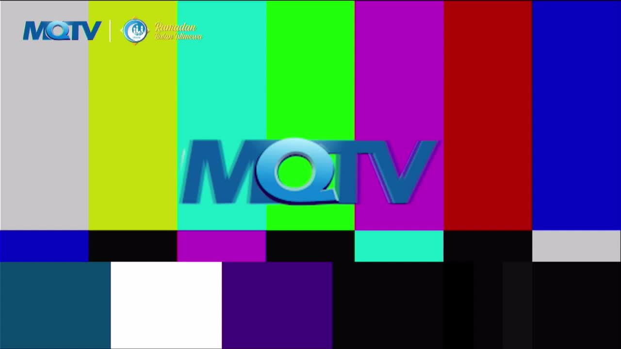 The screen displays vertical bars of color: gray, lime green, turquoise, magenta, red, and blue. MQTV's logo, a blue 3D text, sits in the center, overlapping these vibrant stripes. Below, a row of smaller color blocks completes the test pattern.