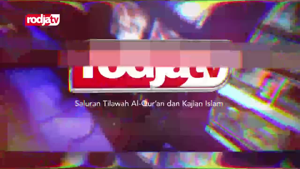 The Rodja TV logo, a bright red and white emblem, slides into view over a vibrant, glitchy background. Below it, text in Indonesian announces "Saluran Tilawah Al-Qur'an dan Kajian Islam," indicating a channel for Quranic recitation and Islamic studies.