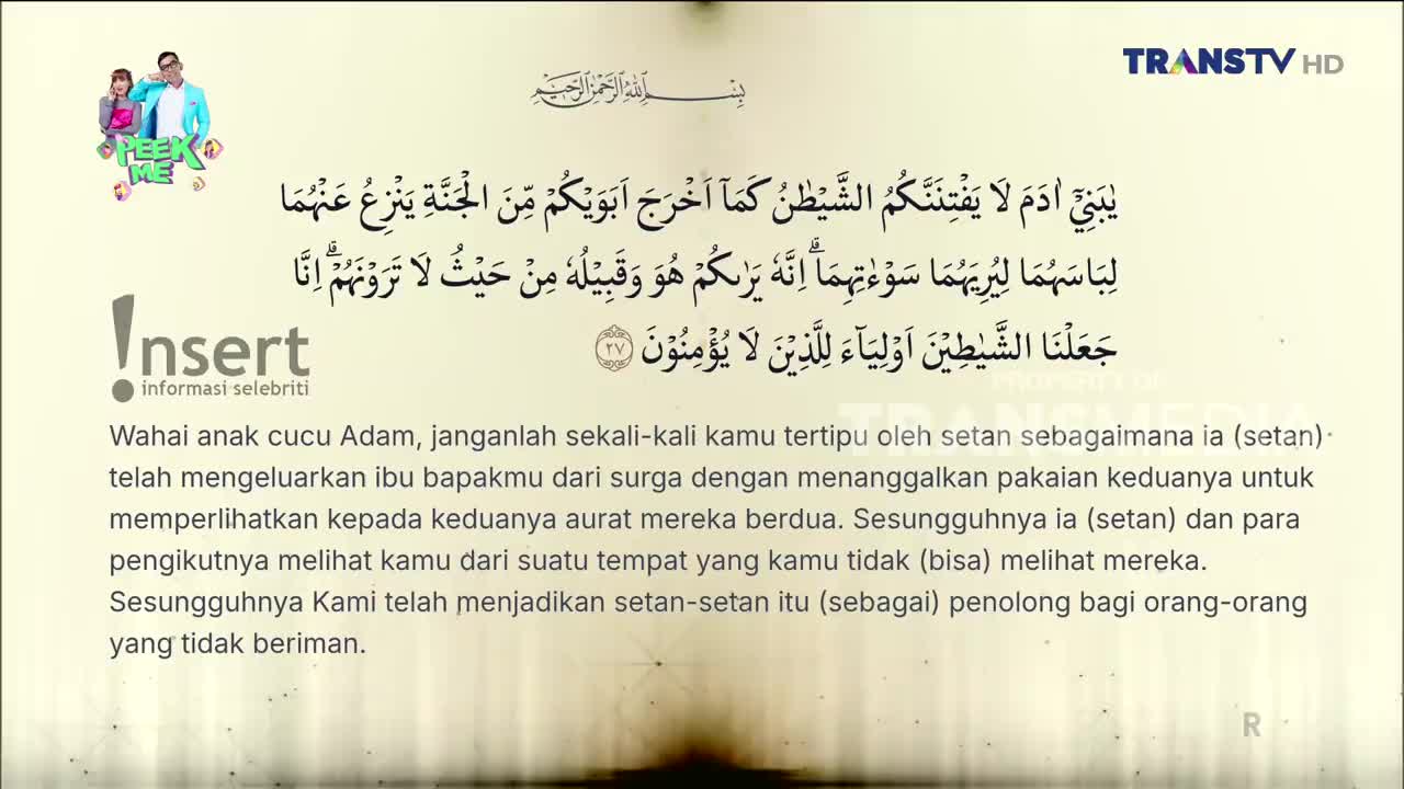 The Trans TV logo is in the top right corner. Arabic script fills the upper half of the screen, with Indonesian text below. The Trans TV logo is in the top right corner. Arabic script fills the upper half of the screen, with Indonesian text below.