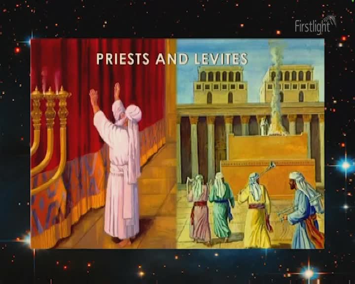 A priest in white robes raises his arms before a golden menorah, its flames reaching towards a crimson curtain. Further on, figures in colourful robes approach a grand temple where smoke billows from an altar. A priest in white robes raises his arms before a golden menorah, its flames reaching towards a crimson curtain. Further on, figures in colourful robes approach a grand temple where smoke billows from an altar.