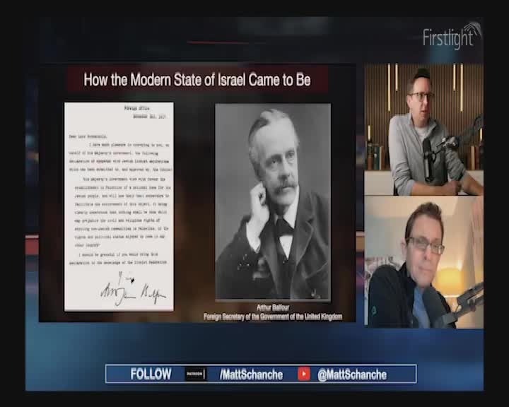 The screen displays a presentation titled "How the Modern State of Israel Came to Be." Two men are visible in smaller windows to the right, one in a grey sweater and the other in a blue shirt, both speaking into microphones. The screen displays a presentation titled "How the Modern State of Israel Came to Be." Two men are visible in smaller windows to the right, one in a grey sweater and the other in a blue shirt, both speaking into microphones.