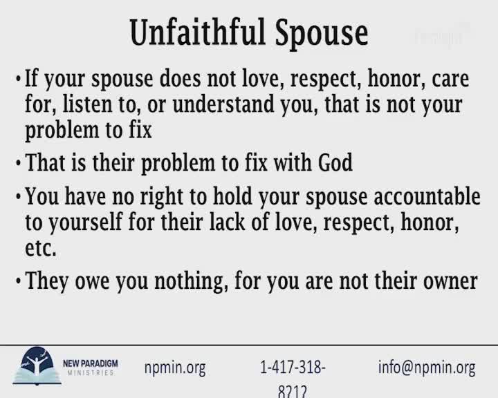 This text on a light grey background offers advice about an unfaithful spouse. The bottom of the image contains contact information for New Paradigm Ministries.