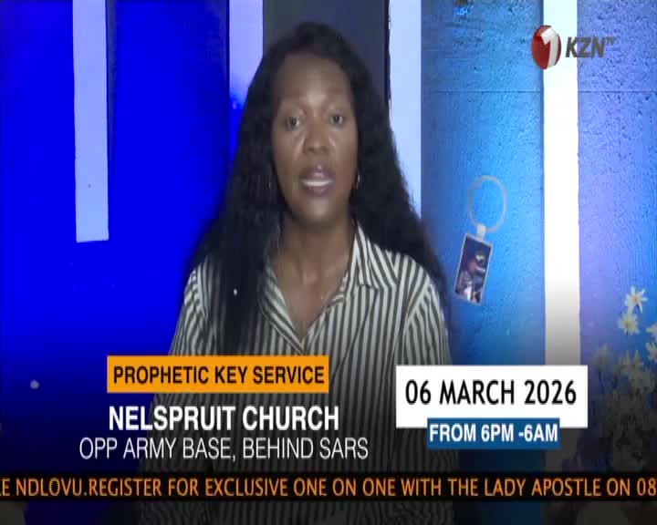 A woman speaks directly to the camera, her image framed by a blue, textured background. Text overlays announce a "Prophetic Key Service" at "Nelspruit Church" on "06 March 2026." A woman speaks directly to the camera, her image framed by a blue, textured background. Text overlays announce a "Prophetic Key Service" at "Nelspruit Church" on "06 March 2026."