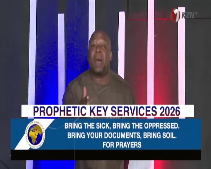 A man speaks passionately, his hands gesturing as he addresses the camera. The 1KZN TV logo is visible in the corner, and text below announces "Prophetic Key Services 2026." A man speaks passionately, his hands gesturing as he addresses the camera. The 1KZN TV logo is visible in the corner, and text below announces "Prophetic Key Services 2026."