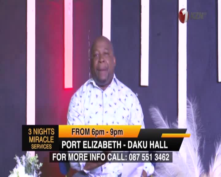 A man in a patterned shirt stands before a dark backdrop with vertical white and red lights. Text overlays announce "3 NIGHTS MIRACLE SERVICES" in Port Elizabeth, with a phone number for more information.