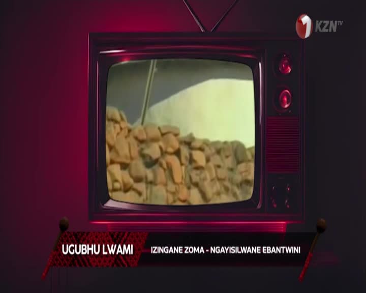 A vintage television displays a scene of a rough stone wall under a pale sky. Below the screen, a red banner shows text in Zulu, with the 1KZN TV logo in the corner.