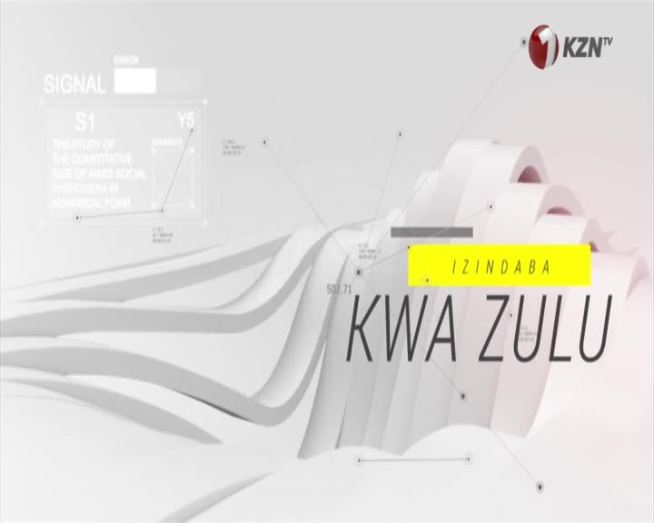 The KZN TV logo spins into view above a flowing, abstract landscape. Text announces "IZINDABA KWA ZULU" against this backdrop.